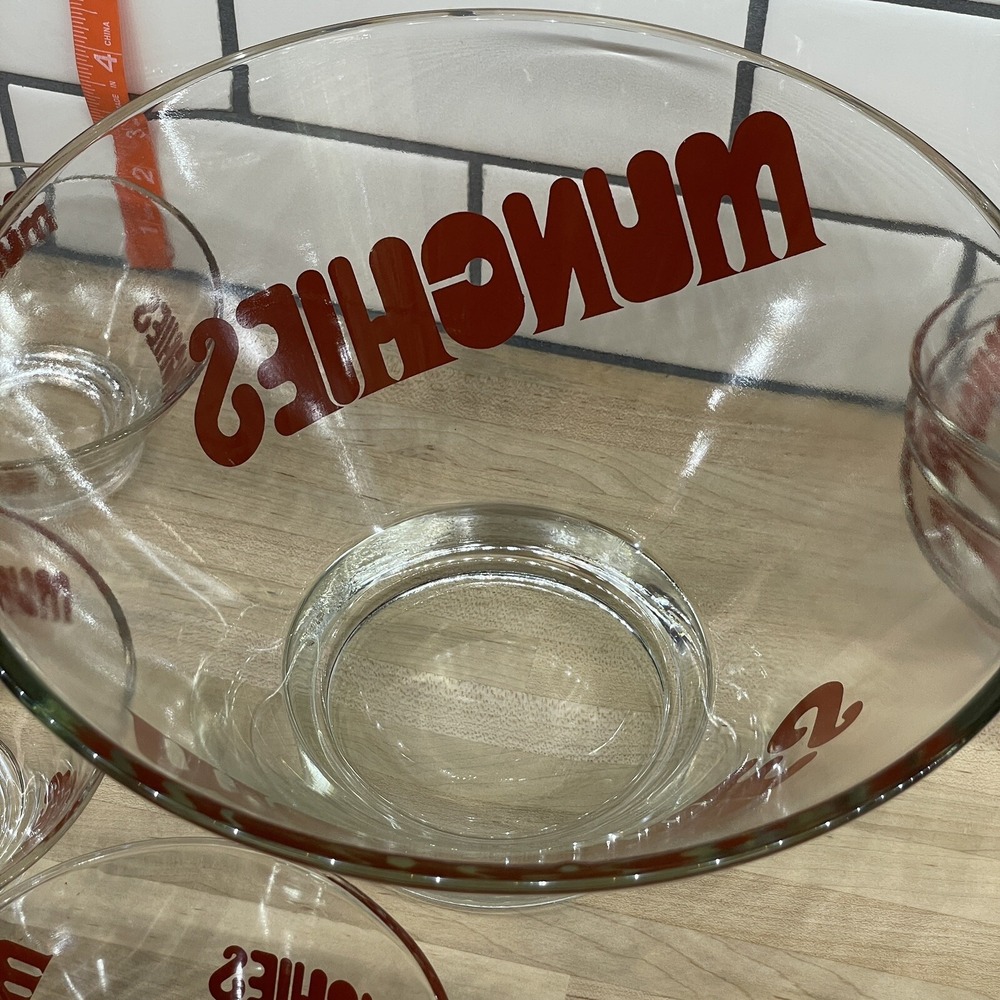 Vintage Munchies Wheaton Glass Snack Bowl Set Red Typography Heavy Set of 7 * - Picture 2 of 16